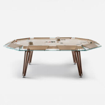 Elegant Impatia Unootto poker table with a light brown wood playing surface, clear glass perimeter and satin-finish dark brown wood legs