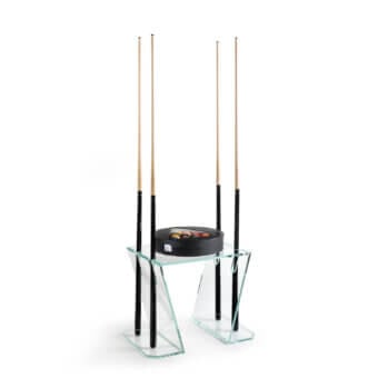 Stunning Impatia Verso pool cue rack crafted in transparent glass with a smooth glossy finish for exceptional display