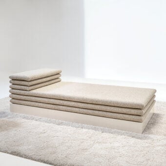 Distinguished LaCividina Acamante daybed with neutral beige textile upholstery and simple lined base construction