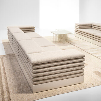 Distinguished LaCividina Acamante modular sofa with textured neutral beige textile upholstery and sleek lined base