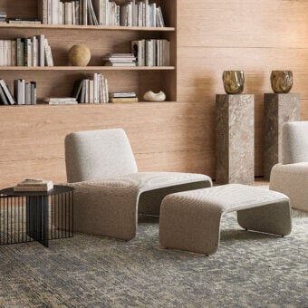 Superior LaCividina FourFolds lounge chair in beige textile upholstery with a smooth matte finish and dark wooden base