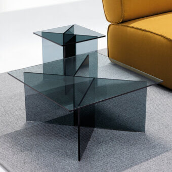 Elegant LaCividina Niby coffee side table built in glass and matte metal with a smoked finish and subtle smoky grey-blue coloration