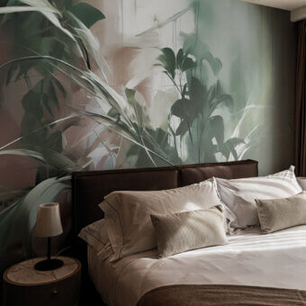 Captivating LondonArt Aria wallpaper with oversized foliage in varying green shades and soft blush undertones with a matte finish