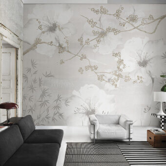 Elegant LondonArt Better Days wallpaper with lush floral design and soft-focus pale gray blossoms in a subtly textured matte finish