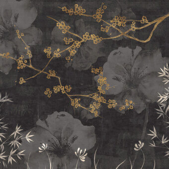 Superior LondonArt Better Days wallpaper with lush floral design and reflective gold accents in muted grays and blacks with a matte finish