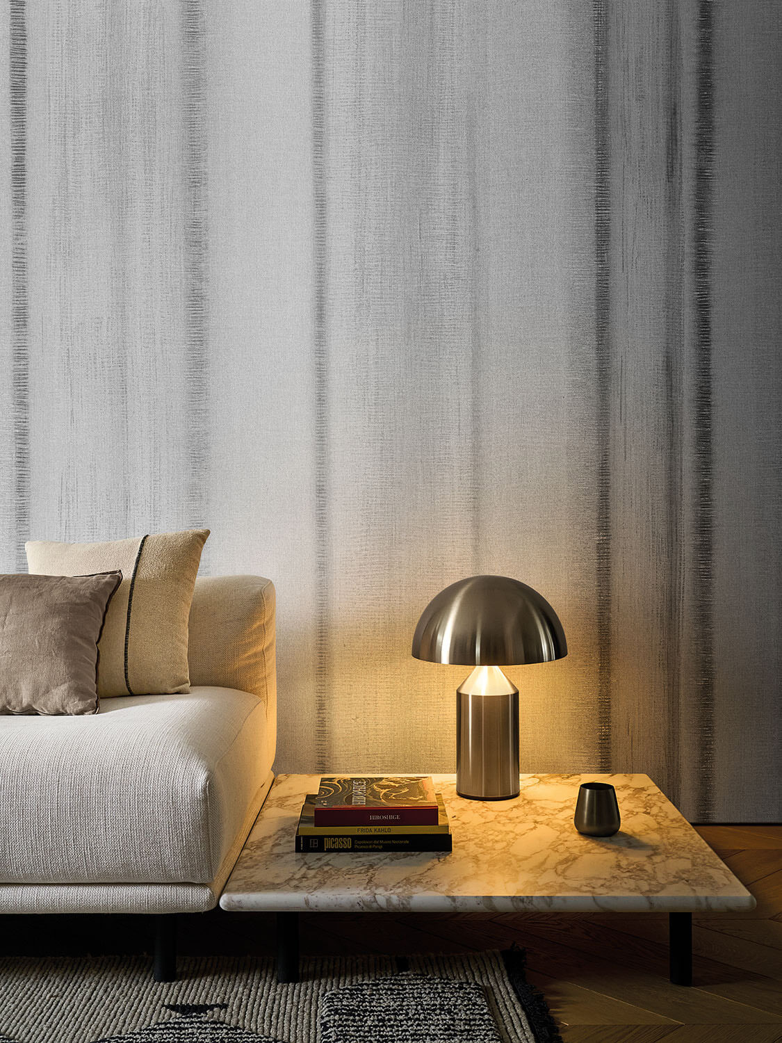 Superior LondonArt Cool Out wallpaper exhibits subtly textured warm gray design with soft diffused vertical brushstrokes and matte non-woven finish