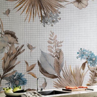 Superior LondonArt Country Home wallpaper with painterly botanical illustrations and subtle gingham in muted brown, grey, blue, and cream tones with a matte finish