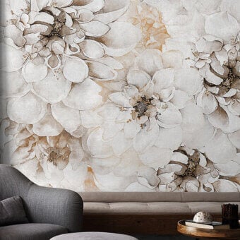 Distinguished LondonArt Distant Moment wallpaper with watercolor effect florals in beige, cream, and light brown with textured paper crafting