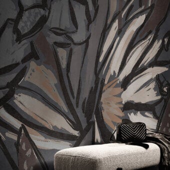 Distinguished LondonArt Faris wallpaper with expressive floral design in a monochromatic gray and black palette and sophisticated matte finish