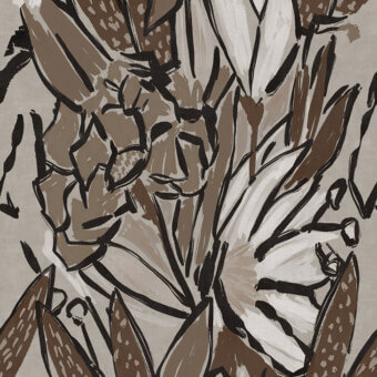 Captivating LondonArt Faris wallpaper with abstract botanical forms in rich brown shades and striking black outlines with a subtle matte finish