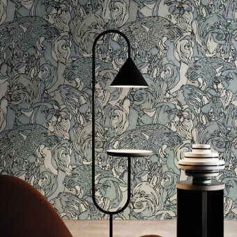 Elegant LondonArt Felidi wallpaper presents intertwined feline figures in a grayish-blue palette with a subtly textured finish