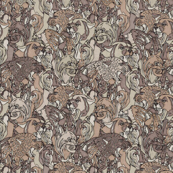 Distinguished LondonArt Felidi wallpaper presents a harmonious pattern of stylized feline heads in beige and brown tones with a hand-drawn illustrative style