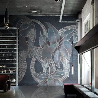 Distinguished LondonArt Feminine and Masculine wallpaper with delicate floral motifs and sleek serpentine forms in dark gray and silvery-white patterned paper with a matte finish