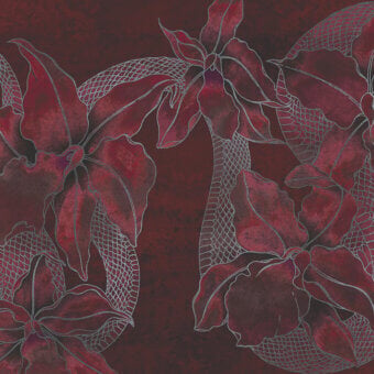 Exceptional LondonArt Feminine and Masculine wallpaper with stylized florals and serpentine forms in reddish-brown and silvery-grey outlining