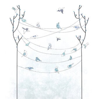 Elegant LondonArt Kirsten wallpaper presents a contemporary illustrative design with blue-gray birds on charcoal branches in a pale gray finish