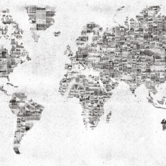 Distinguished LondonArt L'image Du Monde wallpaper with artistically sectioned continents against a textured, aged linen backdrop