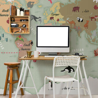 Exclusive LondonArt Lake wallpaper displays an artistic map with beige, green, and brown continents accented with red outlines and a smooth matte finish