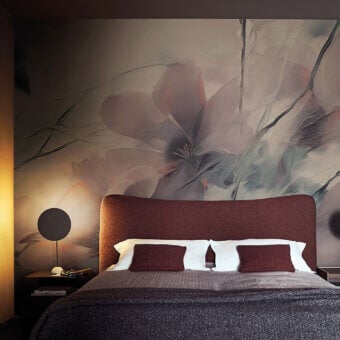 Distinguished LondonArt Le Jardin Secret Des Rêves wallpaper with blush pink, grey, and brown illustrative florals on smooth non-woven textile