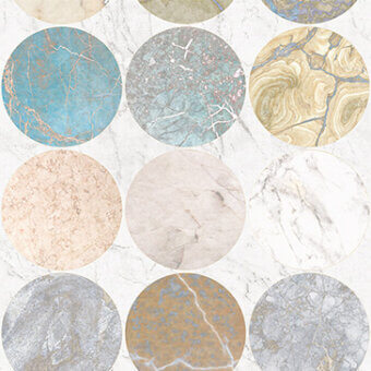 Exclusive LondonArt Lithos wallpaper presents a remarkable panorama with polished stone-like circles in gray, blue, and peach tones