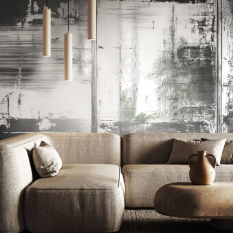 Exceptional LondonArt Metal Haze wallpaper displays an abstract monochromatic design in shades of gray with a subtly textured finish