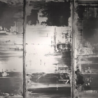Superior LondonArt Metal Haze wallpaper exhibits a seamless grayscale texture with oxidized surfaces and brushed metal finish