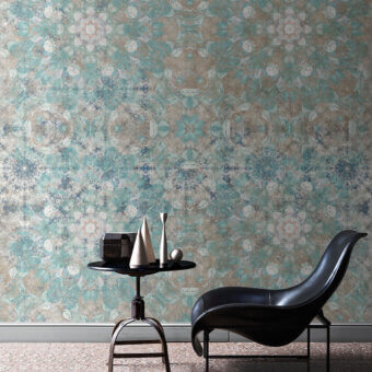 Distinguished LondonArt Optical Swift wallpaper delivers a complex floral pattern in muted teal, beige and gray with a matte finish