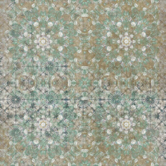Exclusive LondonArt Optical Swift wallpaper exhibits a kinetic pattern in teal, olive green, and beige with a matte, textured paper surface