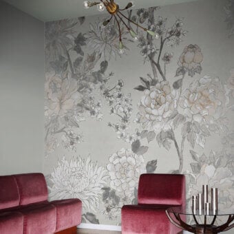Distinguished LondonArt Oriental Wallpaper mural showcases blossoms and branches in a delicate monochromatic watercolor style