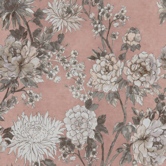 Superior LondonArt Oriental Wallpaper mural displays delicate gray and taupe blossoms against a soft pink paper base with matte finish