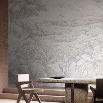 Superior LondonArt Over The Hills And Far Away wallpaper in monochromatic gray with paper base and matte finish