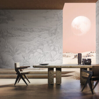 Elegant LondonArt Over The Hills And Far Away wallpaper in grayscale with softly layered hills and a matte finish