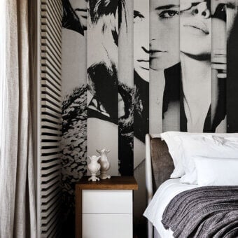 Distinguished LondonArt Paper Portraits wallpaper with abstracted paper portraits and map fragments in black and white with a smooth finish