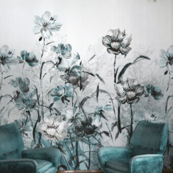 Elegant LondonArt Petals wallpaper displays oversized blooms in muted teal and gray with a matte paper finish