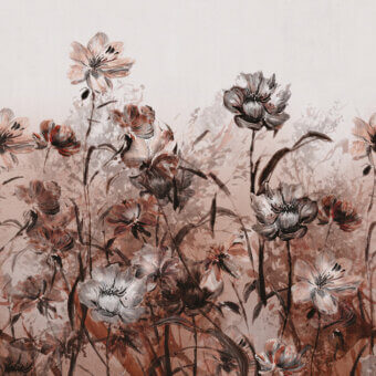Distinguished LondonArt Petals wallpaper presents magnified floral motifs in browns, reddish and grey tones with a matte paper finish