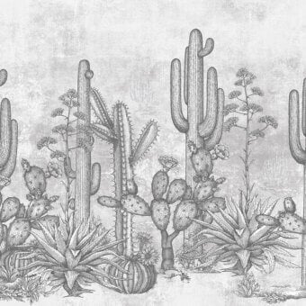 Exclusive LondonArt San Pedro wallpaper showcases structural botanical illustrations in a monochromatic grayscale palette with a textured finish
