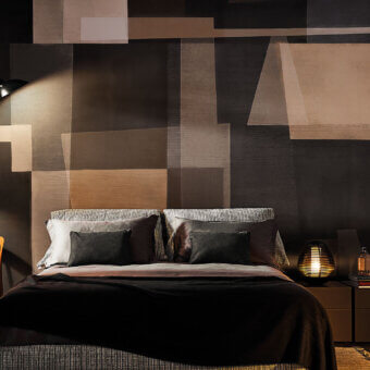 Sophisticated LondonArt Silent Layers wallpaper exhibits overlapping geometric forms in nuanced shades of gray, brown, and beige creating subtle texture