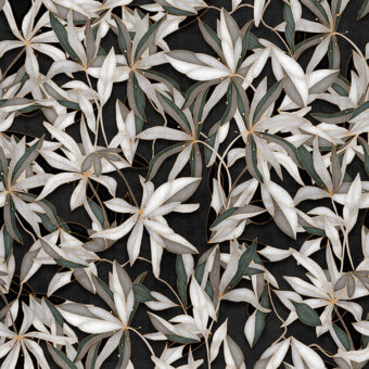 Exceptional LondonArt Simply Wallpaper with stylized leaves in white, gray, and muted green against charcoal with subtle gold accents and smooth matte finish