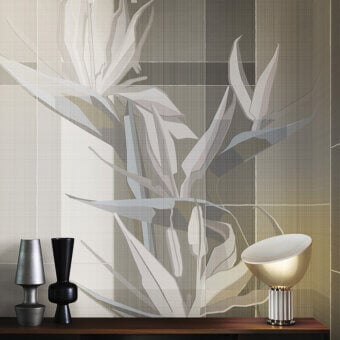 Distinguished LondonArt Strelitzia wallpaper presents a macro-botanical design in muted beige, cream, and gray tones with a smooth, textured paper base