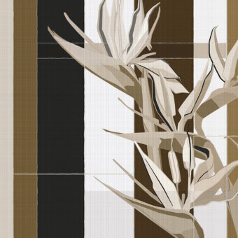 Distinguished LondonArt Strelitzia wallpaper showcases graphic Bird of Paradise blooms and foliage in neutral browns, beiges, and whites paper base