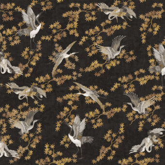 Distinguished LondonArt Sya wallpaper showcases large-scale cranes and foliage in charcoal gray with metallic gold accents