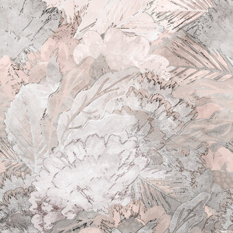 Exceptional LondonArt Welcome Back wallpaper presents layered botanical artistry in blush pink, grey and off-white with a matte finish