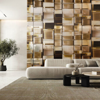 Exceptional LondonArt Aji wallpaper with layered brown and gold hues in mirrored composite aluminum and glossy resin finish