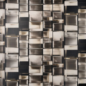 Exclusive LondonArt Aji wallpaper with a contemporary geometric pattern in brown and beige mirrored composite aluminum with a glossy finish
