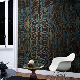 Distinguished LondonArt Art Deco wallpaper presents geometric patterns in teal and dark navy with metallic gold lines crafted from sheened paper