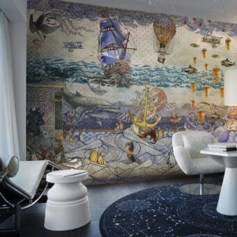 Exceptional LondonArt Atlantis wallpaper displays a complex illustrative scene in muted blues, creams, and golds with a satin finish