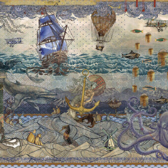 Captivating LondonArt Atlantis wallpaper presents a complex composition of marine life and architectural elements in blue, gray, and beige with a textured finish
