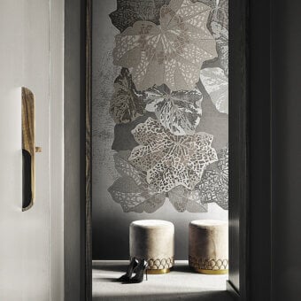 Distinguished LondonArt Autumn Poetry wallpaper exhibits a large-scale botanical design in grayscale with a subtly textured matte finish