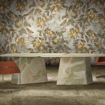 Distinguished LondonArt Can You See Me wallpaper showcases botanical mural with naturalistic lemons and blossoms in a textured materic background
