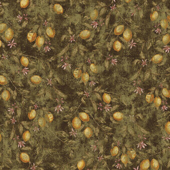 Distinguished LondonArt Can You See Me wallpaper showcases a botanical mural with stylized lemons and foliage in olive green, brown, gold tones with a matte finish