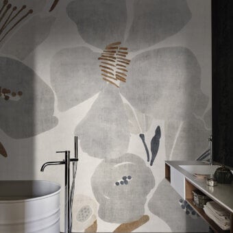 Architectural LondonArt Cassandra wallpaper with large-scale floral design in muted grays, beiges and browns with a matte finish